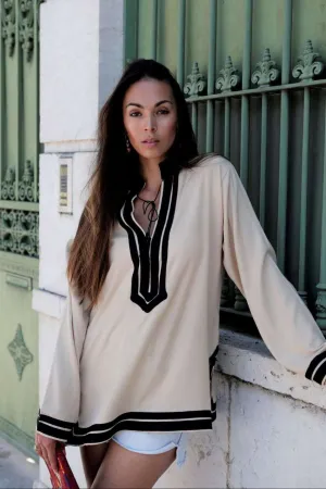 Beige Mariam Moroccan Tunic Shirt- Resortwear, Loungewear, Holidaywear, bohemian style tunic