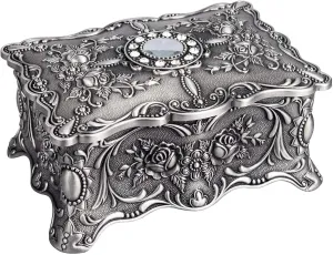 Feyarl Vintage Trinket Jewelry Box Treasure Organizer Keepsake Box Ornate Antique Finish Engraved with 2 Layers Dividers Inside (Pewter)