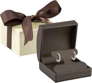 Luxury Dome-Shape Leather T-Style Earring Case for Women & Girls Jewelry Gift Box Ideal for Hanging Earrings & Hoops Case with Cream Ribbed Outer Box & Matching Bow Ribbon