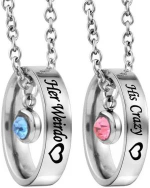 MJartoria Matching Necklaces for Couples, His and Hers Engraved Rhinestone Ring Pendant Necklace Gifts for Boyfriends Girlfriends