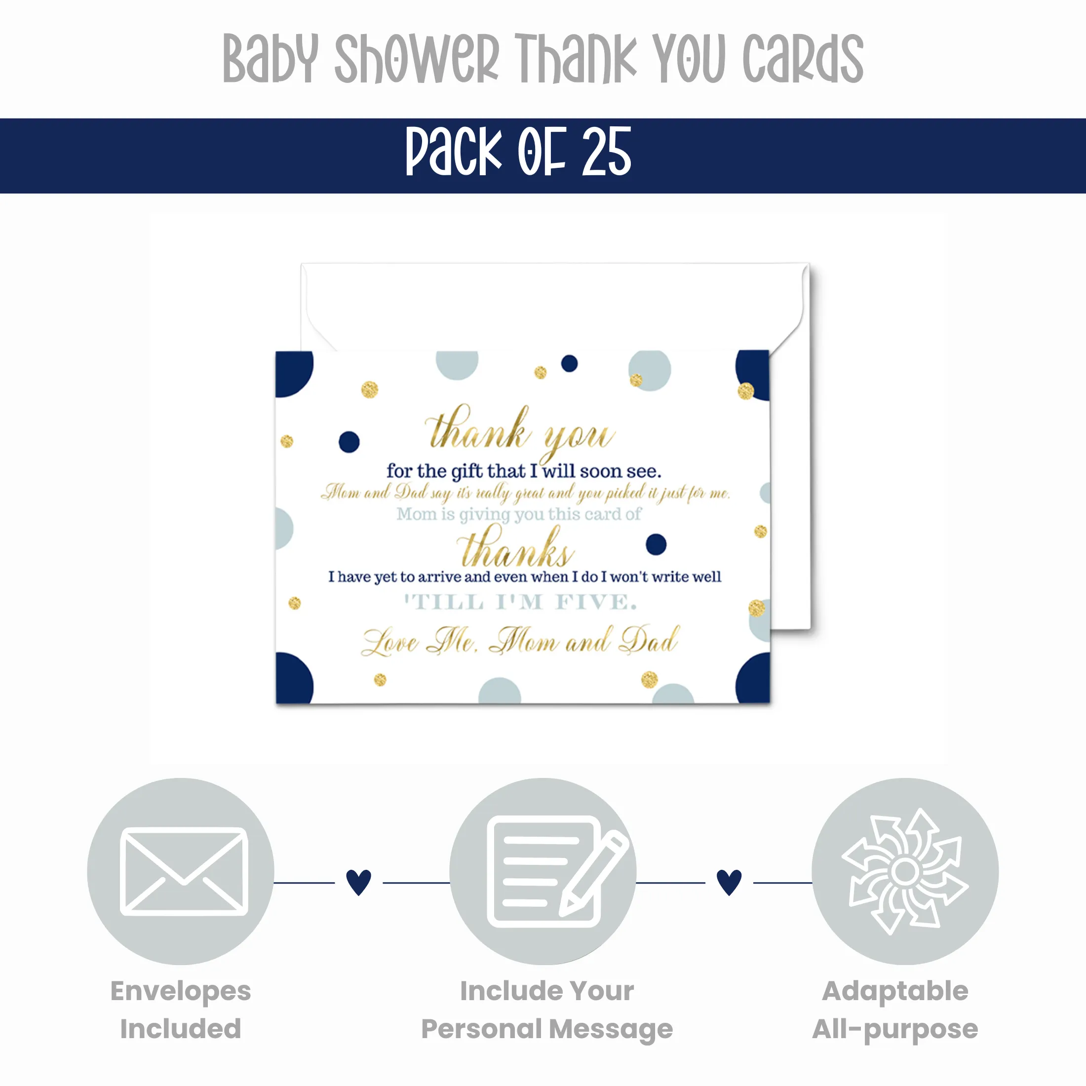 Navy and Gold Baby Shower Thank You Cards for Boys – Notecards (Pack of 25)