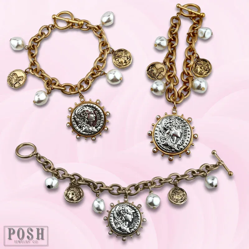 Posh Jewelry Co. Gold Coin and Pearl Bead Charm Bracelet