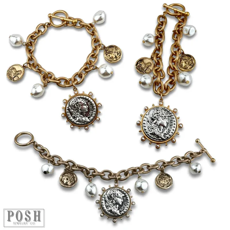 Posh Jewelry Co. Gold Coin and Pearl Bead Charm Bracelet
