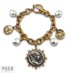 Posh Jewelry Co. Gold Coin and Pearl Bead Charm Bracelet