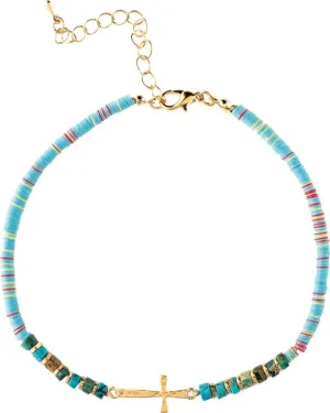 Rain Jewelry Gold Blue Bead Mix Side Cross Anklet