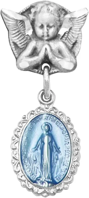 Rosemarie's Religious Gifts Petite Angel Pin with Sterling Silver Enameled Oval Miraculous Medal of Mary