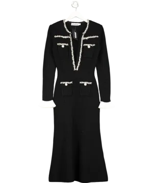 Self Portrait Black Faux Pearl-embellished Crepe-trimmed Metallic Ribbed-knit Midi Dress UK S