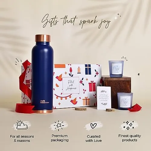 The Better Home Gift Set for Housewarming, Diwali |Gift Box Pack of 3 with Copper Bottle (Grey, 1 LTR) & 2 Candles (Arabian Wood, 60gm) |Gift for Housewarming, Secret Santa Gifts